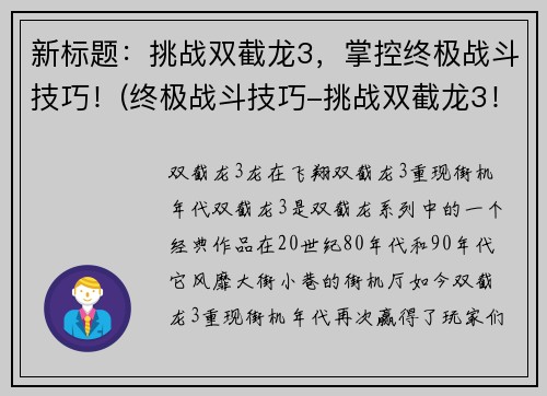 新标题：挑战双截龙3，掌控终极战斗技巧！(终极战斗技巧-挑战双截龙3！你准备好了吗？)